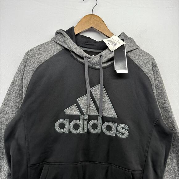 Adidas Hoodie Men's Large Tall Black Gray Embroidered Sweatshirt Climawarm NEW - Picture 1 of 8